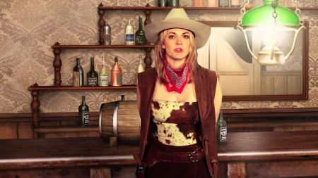 Cowgirl~Nina Bott - gun, saloon, hat, cowgirl, nina bott, lantern, mirror, bottles, liquor