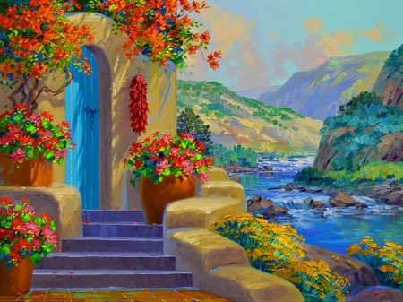 Hugged by Rio Grande - house, summer, beautiful, stream, lovely, mountain, stones, flowers, river, countryside, shore, Rio Grande, painting, hug, art