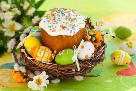 Easter Cake - eggs, Easter eggs, bows, still life, Easter, flowers, nest, Spring, cake