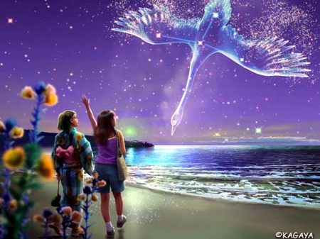 Fantasy Bird - beach, artwork, sea, Children, stars, sky