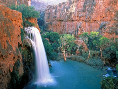 Wonderful Waterfall - river, trees, canyons, water, rocks