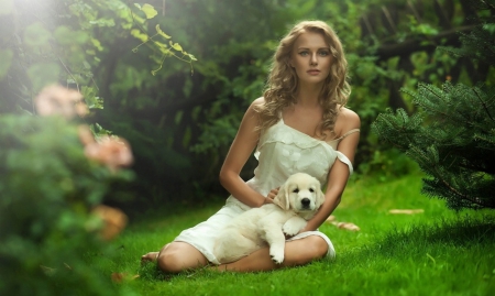 Pretty Girl - woman, trees, blonde, dog