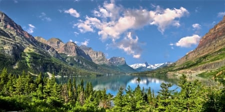 Beautiful Summer At St. Marys Lake, Montana - lake, snowy peaks, forest, mountains, clouds, glacier national park, trees, green