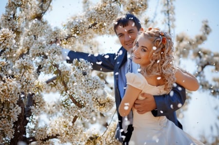 Spring Couple - male, flowers, trees, female, beautiful, model, spring, couple