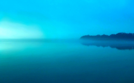 Blue Dawn on the Lake - scenery, coast, blue, rivers, amazing, landscape, scene, foggy, scenario, night, mist, nice, sky, clouds, trees, water, fog, beautiful, scenic, colors, morning, cool, nature, awesome, gray, panorama, lakes, day