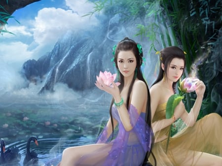 Double Lotus - pretty, female, scenery, blossom, landscape, scene, maiden, oriental, nice, sky, women, lotus, beautiful, pond, girl, scenic, beauty, lovely, sweet, flower, fantasy, waterfall, lady, woman, cloud, floral