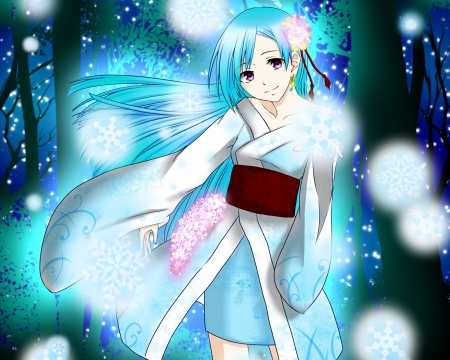 Snow Maiden - pretty, anime, female, maiden, light, long hair, blue hair, nice, anime girl, beautiful, girl, beauty, kimono, lovely, sweet, yukata, glow, lady, bright