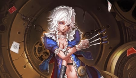 Deadly Maid - anime, female, long hair, emotional, touhou, rapier, weapon, silver hair, anime girl, serious, beautiful, hot, izayoi, girl, beauty, blade, knife, sinister, sakuya, sexy