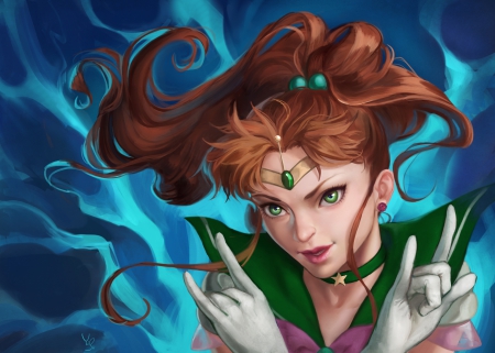 Sailor Jupiter - pretty, anime, female, green eyes, long hair, sailor moon, jupiter, hd, nice, anime girl, sailormoon, realistic, beautiful, girl, beauty, lovely, brown hair, sweet, sinister, magical girl, sailor jupiter