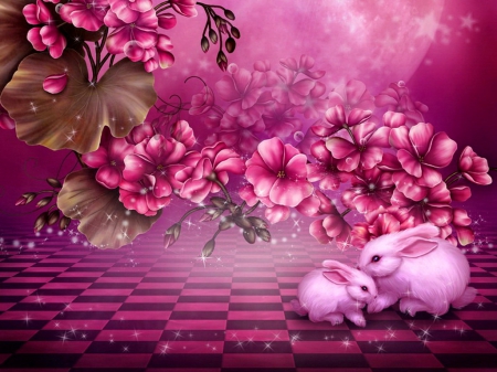 Fairytale bunnies - magic, fantasy, fairytale, pink, photoshop, bunnies, leaves, flowers, planet, cute