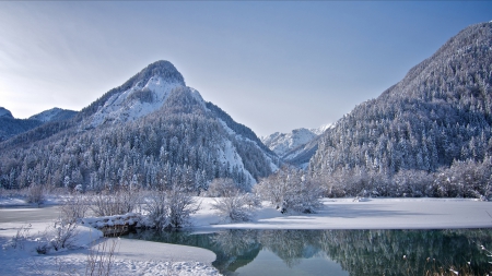 incredible winter lake landscape - winter, mountains, lake, forest