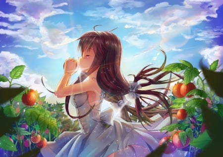 Lil' Girl - pretty, anime, female, scenery, scene, dress, long hair, fruit, nice, sky, anime girl, beautiful, girl, sundress, scenic, beauty, lovely, sweet, bubble, wings, tomato, cloud