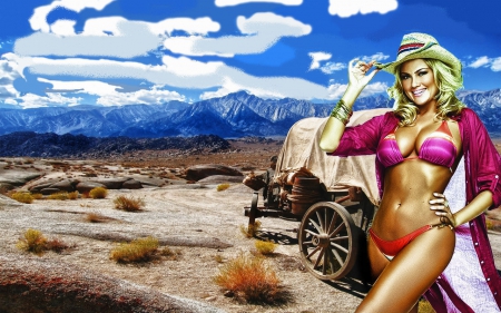 Cowgirl Wagon Train - famous, style, fun, sky, models, westerns, female, fashion, cowgirls, hats, outdoors, bikini, wagons, ellen rocche, desert