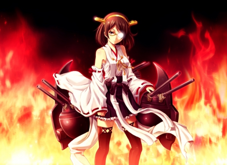 Kantai Collection - anime, anime girl, female, magic, girl, kantai collection, flame, sinister, kantai, fire, weapon, blaze