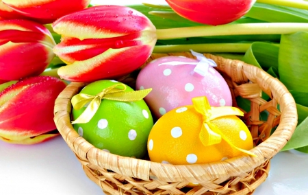 Happy Easter! - easter, basket, spring, yellow, bow, pink, red, green, tulip, egg, flower