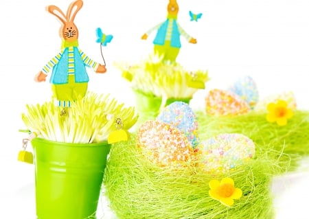 Happy Easter! - rabbit, yellow, blue, ornament, flower, easter, funny, green, figurine, egg