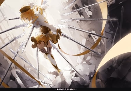 Tomoe Mami - anime, anime girl, female, warrior, gun, girl, blonde, blonde hair, blond hair, mahou shoujo madoka magica, tomoe mami, sinister, magical girl, blond, weapon