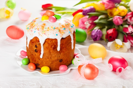 â™¥Happy Easterâ™¥ - cake, eggs, holiday, easter, tulips, flowers, happy