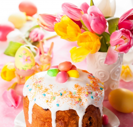 â™¥Easter Timeâ™¥ - cake, eggs, holiday, easter, tulips, flowers, happy