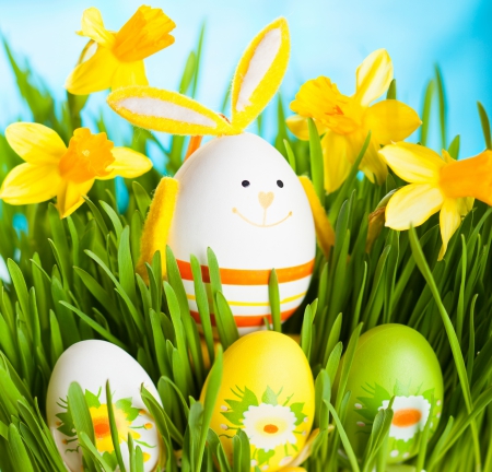 ♥Easter Time♥ - eggs, flowers, easter, spring, grass, daffodils