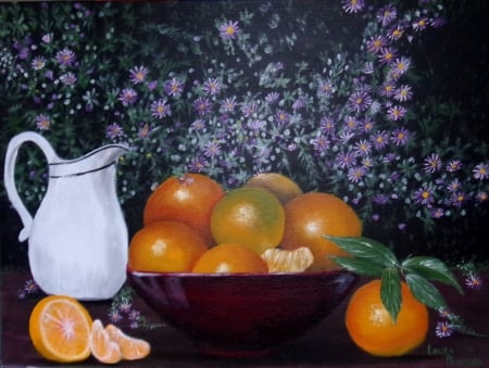 Bowl of fruits - oranges, kitchen, bowl of fruits, beautiful, flowers, fruits, cup, art, bowl, small, painting, artist, wall art