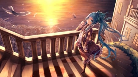 Miku - beauty, hatsune, pretty, miku, sunset, cute, birds