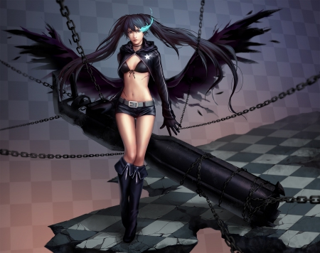 Black Rock Shooter - realistic, female, hot, twintail, anime girl, brs, black, black hair, anime, twin tail, sexy, girl, twintails, long hair, chains, twin tails, bikini, weapon, black rock shooter