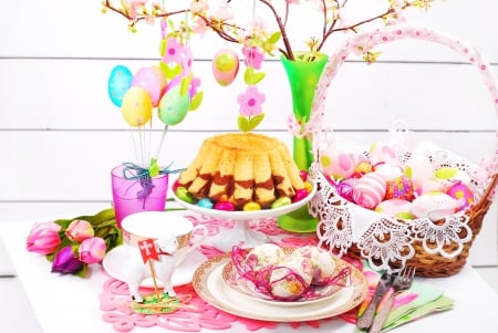 â™¥Easter Timeâ™¥ - cake, eggs, meal, holiday, easter, tulips, food, spring