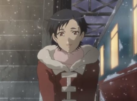 Snowny Day - pretty, anime, female, snow, saya otonashi, short hair, blood plus, coat, nice, bloodplus, anime girl, winter, beautiful, girl, beauty, lovely, sweet, saya, otonashi, black hair, otonashi saya