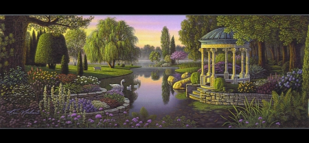 Garden - pretty, scenery, swan, blossom, scene, garden, pavilion, lake, nice, water, beautiful, pond, scenic, beauty, lovely, sweet, flower, tree, nature, painting