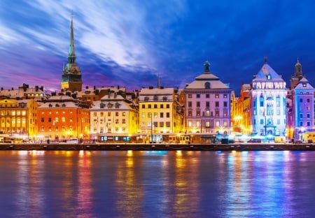 Stockholm, Sweden - city lights, lights, water, buildings, sky, reflection, clouds, river, city, splendor, nature