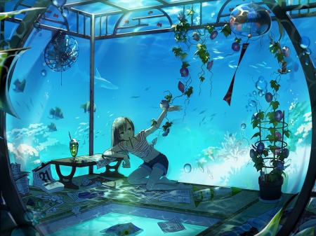 Deep Sea - pretty, anime, magic, female, blue, light, magical, nice, anime girl, water, girl, sea, aquarium, lovely, sweet, glow, fantasy, underwater, fish