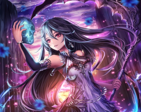 Blue Skull - pretty, anime, magic, female, light, magical, long hair, emotional, skull, hd, nice, anime girl, serious, beautiful, girl, beauty, lovely, sweet, glow, sinister