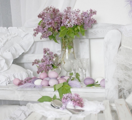 Lilacs and Easter Eggs - lilacs, flowers, still life, easter eggs