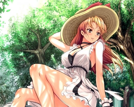 Still Waiting for You - beauty, sitting, hot, hat, female, sundress, anime girl, anime, cute, maiden, sit, lady, sexy, girl, long hair, beautiful, dress