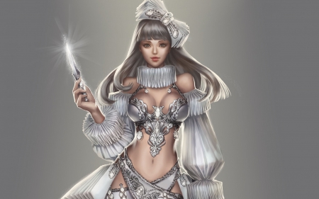 Fantasy girl - woman, grey, girl, bow, knife, fantasy