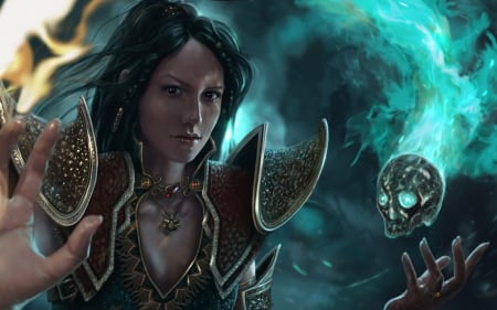 Fantasy girl - game, girl, reaper of souls, diablo III, magical, skull, fantasy, green, woman