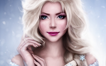 Elsa - woman, girl, snow queen, fantasy, white, art, mochifin, pink, blue, elsa, disney, blonde