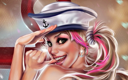 Hello, Captain! - woman, teasing, sailor, hat, girl, pigtails, summer, face, art, pink, smile