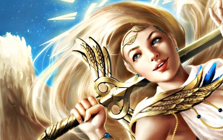 Angel - blue, girl, sword, feather, angel, fantasy, smile, wings, golden, art