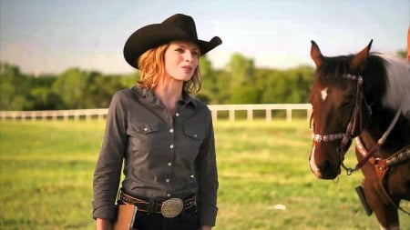 Cowgirl And Horse - fun, trees, female, fences, fashion, models, cowgirls, style, outdoors, rodeo, horses, ranch, famous, sky, westerns