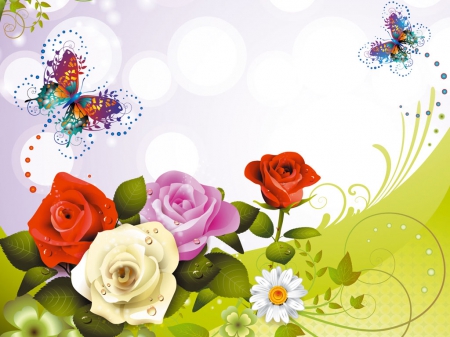 Spring Time - butterflies, drops, roses, rain drops, dots, flowers, spring, circles