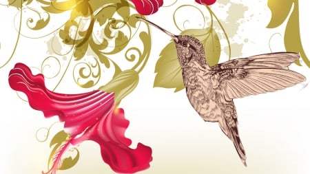 April Hummingbird - bird, vines, spring, gold, April, flowers, floral, hummingbird, shine