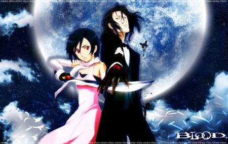 Blood Plus - moon, night, black hair, blood plus, saya, anime, haji, sword, weapons, dress