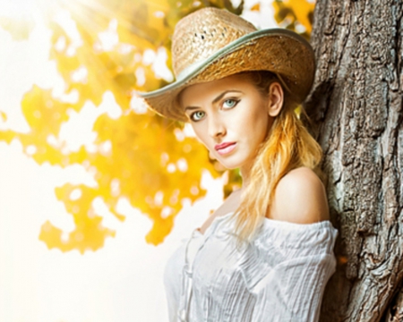 Cowgirl - cowgirl, hat, leaves, blonde, tree