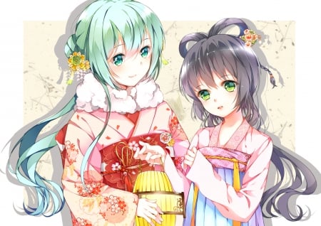 ~Luo & Miku~ - anime, vocaloid, luo tianyi, hatsune miku, green eyes, green hair, kimonos, long hair, colorful, black hair, friends