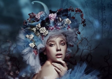 Moon Garden - photomanipulation, girls, models, fantasy, model, creative pre-made, moons, purple, pretty, digital art, blue dreams, flowers in their hair, garden, moon, lady, gardening, beautiful girls, lovely, love four seasons, fantasy girls, weird things people wear, backgrounds, flowers, colors