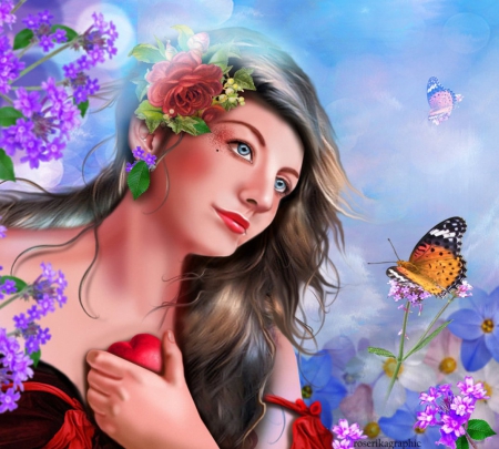 Fantasy - girls, love four seasons, seasons, photomanipulation, model, beautiful, abstract, background, models female, butterfly designs, fantasy, lady, softness beauty, fantasy girls, purple, flowers, spring, weird things people wear, digital art, beautiful girls, creative pre-made, lovely, colors