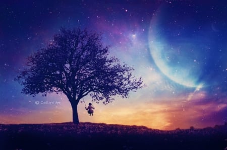 Colorful Sky - moon, sky, tree, fantasy