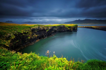 Sea cliffs - water, bay, rocks, nature, sly, beautiful, clouds, grass, sea, cliffs